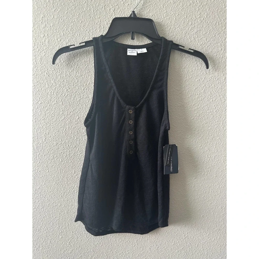 Melrose & Market Women Tank Top Sleeveless V Neck Black Button Front - Picture 8 of 15